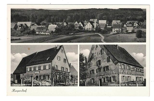 Alte Postkarte aus Herpersdorf; Im oberen Bereich eine Ortsansicht aus der Blickrichtung Kirchröttenbach nach Herpersdorf um das Jahr 1950; links unten einer der damaligen Gemischtwarenläden Herpersdorfs (hier der von Hans Knetzger); rechts unten das ehemalige Gasthaus „zur Krone“ von Familie Habermann. | Foto: privat