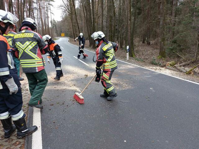 Einsatzkräfte der Feuerwehren Herpersdorf und Forth reinigen die Verbindungsstraße zwischen Mausgesees und Herpersdorf, nachdem dort Bäume gefällt werden mussten, die umzustürzen drohten. | Foto: Feuerwehr Forth