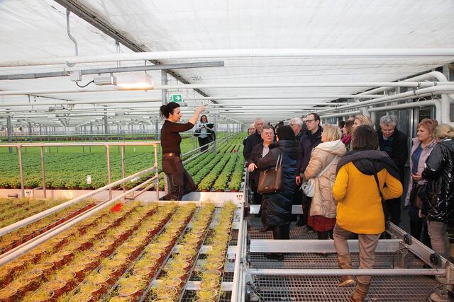 Tanja Dworschak (links) erläuterte den polnischen Besuchern die innovative Arbeitsweise 
im zweistöckigen Gewächshaus von KräuterGUT. | Foto: Uwe Rahner