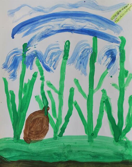 OSTERhase zwischen blauen Hasenglöckchen, gemalt von Hazem in der Malwerkstatt für Flüchtlingskinder, betreut von Annegret Schildknecht | Foto: Dr. Manfred Schildknecht
