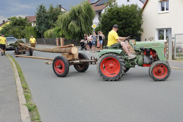 „Da isser scho”, der „Kirwa-Bam“, die aus dem Heroldsberger Wald stammende 20-Meter Fichte kurz vor ihrem Bestimmungsort in der am Gasthaus angrenzenden Wiese. | Foto: Georg Heck