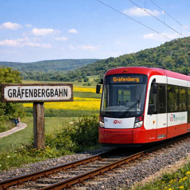 Bisher nur als Fotomontage denkbar: Die Gräfenbergbahn mit modernem VAG-Fahrzeug in regionaler Trägerschaft. | Foto: Montage Matthias Striebich