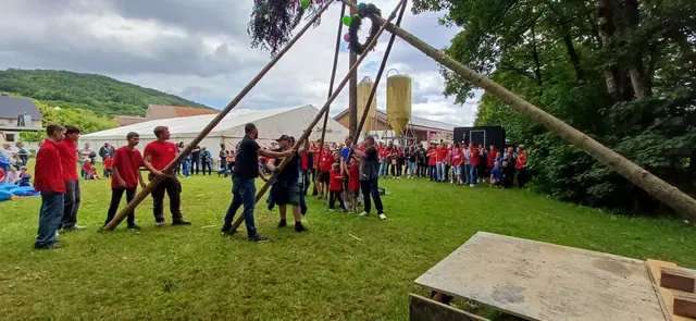 Ein wenig Hilfe von Erwachsenen brauchten die Dachstadter Kerwa-Kids dann doch beim Aufstellen ihres Kirchweihbaumes. Aber wie man sieht, machen die Papas das eigentlich sehr gern... | Foto: Christa Zeißler
