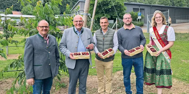 Bei der Eröffnung des Wettbewerbs für die schwerste Kirsche waren ­dabei: Markus Zeiß, Landrat Hanngörg Zimmermann, Jonas Maußner, Manuel Rauch, Kirschenkönigin Michaela I. (v.li.). | Foto: LRA Forchheim