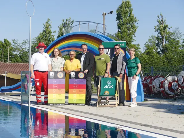 Bei der Übergabe der UV-Tafeln waren ins Freibad nach Neunkirchen gekommen: Dr. Martin Lemberger (Wasserwacht Neunkirchen), Hannah Dieter (Büro für Klima, Geoökologie und Obstinformation), Rosi Kraus (stellvertretende Landrätin), Martin Walz (Bürgermeister Neunkirchen), Sebastian Weiss (Gesundheitsregionplus), Tobias Haase (Direktor AOK-Direktion Bamberg), Doris Spoddig (AOK-Direktion Bamberg) (v. li.). | Foto: Privat