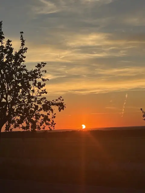 Die Sonnenfinsternis ist am Horizont über der Landschaft zu sehen, während die Sonne langsam untergeht. | Foto: Corinna Stens