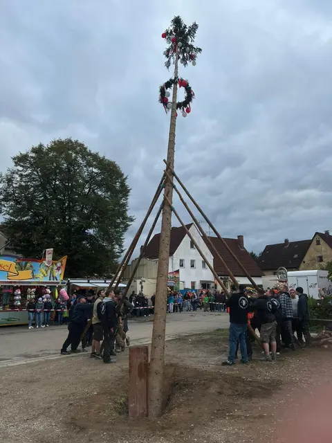 Der Forther Baum wird aufgestellt und in den fränk. Farben Rot und Weiß geschmückt. Das wird auch dieses Jahr hoffentlich wieder so gut aussehen. | Foto: Privat